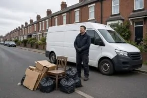 Rubbish removal worker collecting household waste beside a white van in South Shields