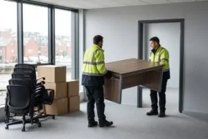 Clearance team removing old desks and chairs from an office in the North East