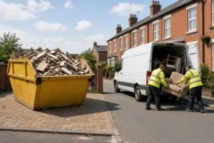 Skip full of building waste beside a rubbish removal van loading furniture in South Shields