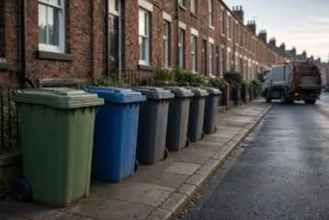 Household waste and recycling bins ready for collection outside homes in South Shields, UK.