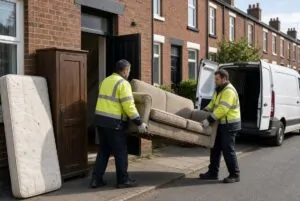 Old sofa, mattress, wardrobe and fridge freezer waiting for bulky waste collection